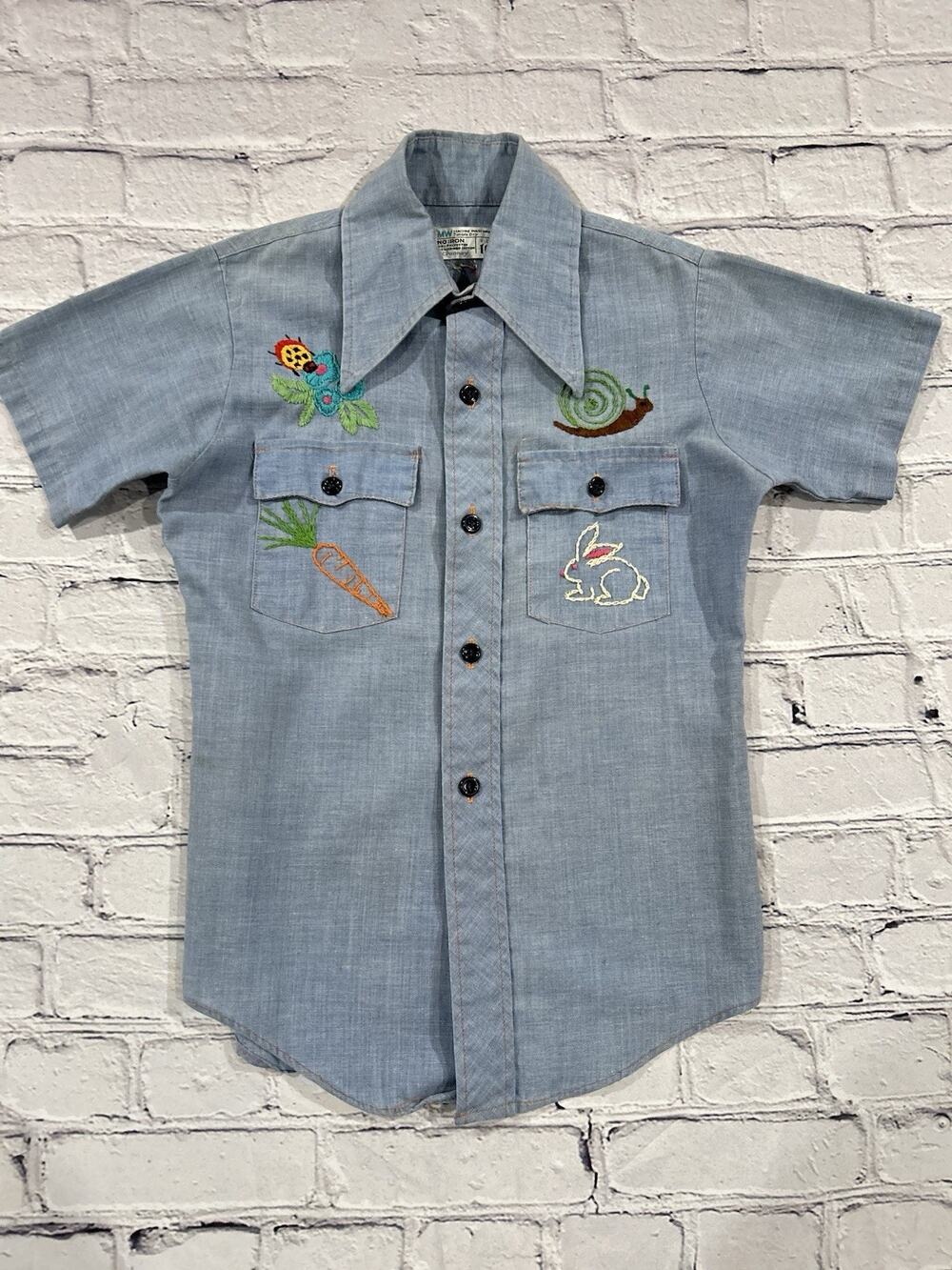 Vtg JCPenney Big Mac Chambray Palm Tree Beach Lady Bug Embroidered Work Shirt